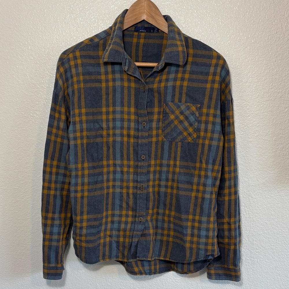 prAna Percy Organic Cotton Flannel Shirt Blue Gray Gold Plaid Size Small